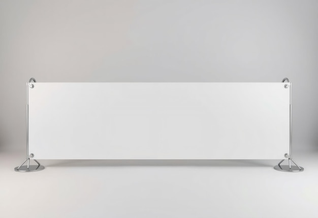 Blank white banner on a stand with metallic legs on a white background