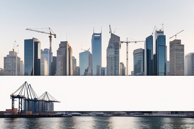 Photo blank white banner with downtown skyscrapers and cranes in background