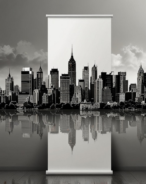 Photo blank white banner with urban skyline background ai generative