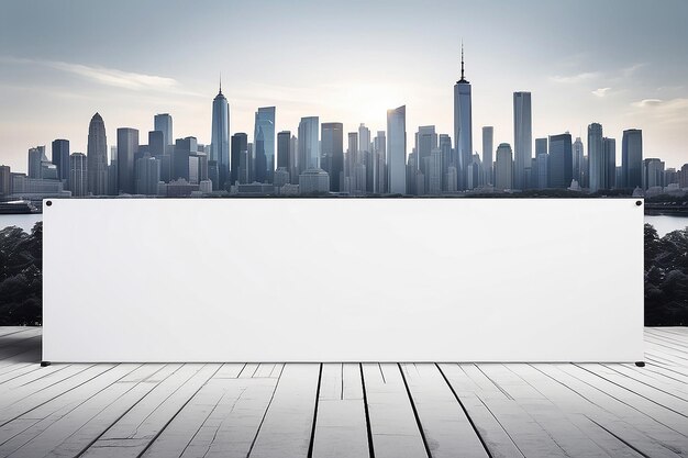 Photo blank white banner with urban skyline background