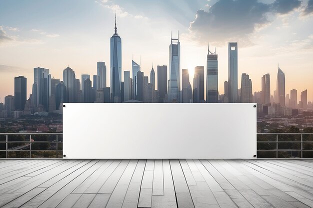 Photo blank white banner with urban skyline background