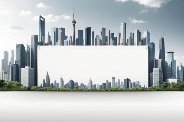 Photo blank white banner with urban skyline background