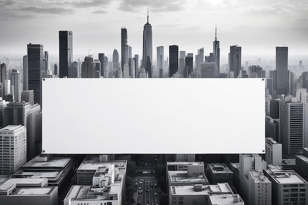 Photo blank white banner with urban skyline background