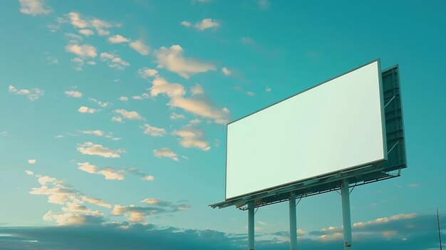 Blank white billboard on blue sky background at evening perspective view Mockup adve Generative AI