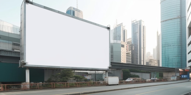 Blank white billboard at futuristic city Created with generative AI technology