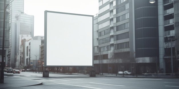 Blank white billboard at futuristic city Created with generative AI technology