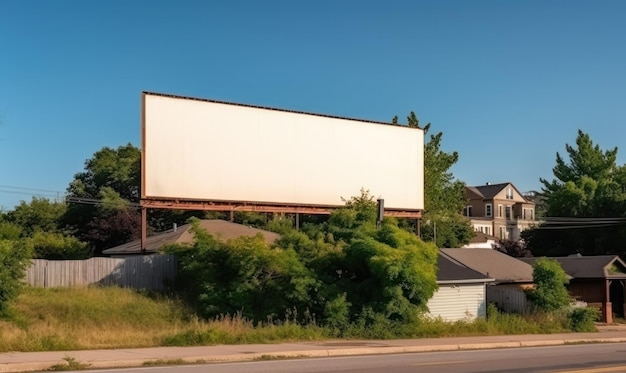 A blank white billboard is on the side of a road.