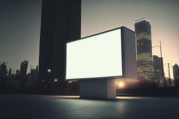 Blank White Billboard with buildings during the night and sunset in city