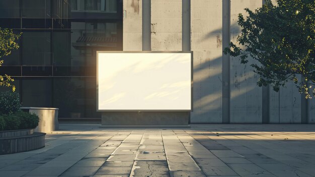 a blank white blank billboard is in front of a wall that says  the word