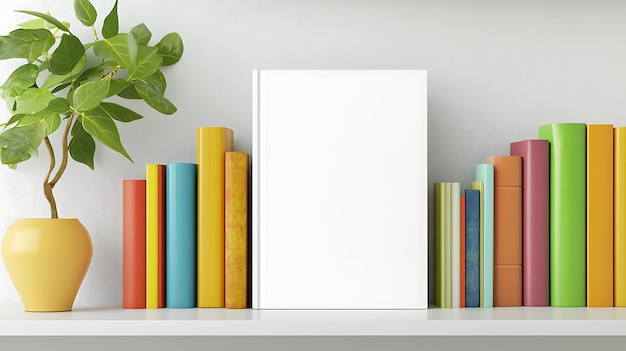 Photo a blank white book stand on a shelf with colorful books bookshelf kid book mockup concept