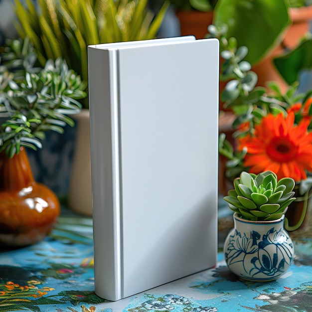 Photo blank white book standing upright on a colorful table with potted plants and vibrant flowers in the background