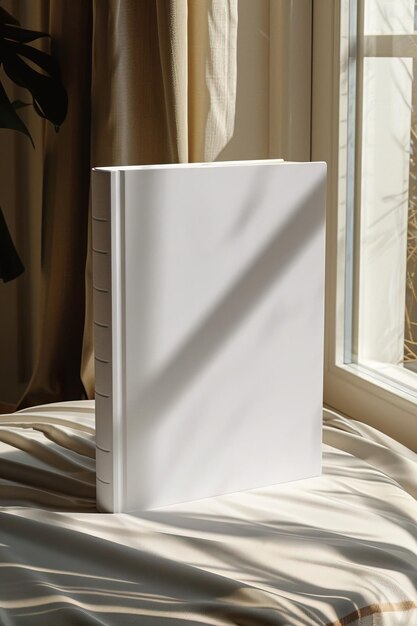 Photo a blank white book stands on a bed near a sunlit window ideal for mockups design templates and text overlays