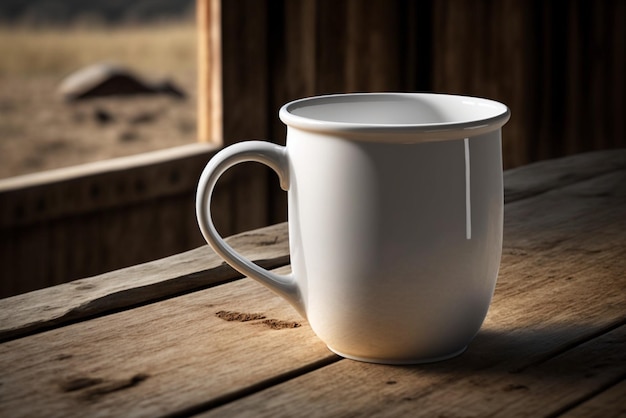 Blank White Camping Coffee Cup on Wood Table Coffee Mug Print on Demand Mockup