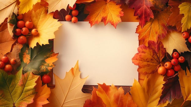 blank white card on an autumn leaves background