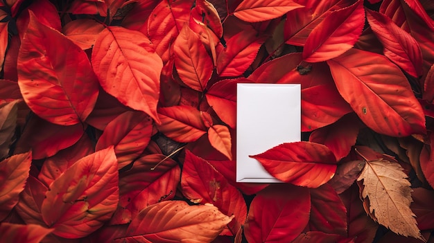 Photo blank white card on a bed of vibrant red autumn leaves concept of fall season greeting card nature literature creativity mockup copy space