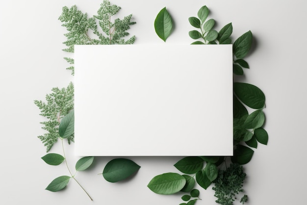 Blank white card green leaves on white background Illustration AI Generative