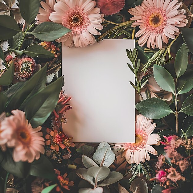 Photo a blank white card product advertising on a soft colored background surrounded by flowers