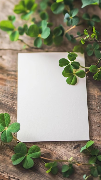 Blank white Card stock image mockup ready St Patricks day style with a macro lens during the day with a cozy and comforting photography style