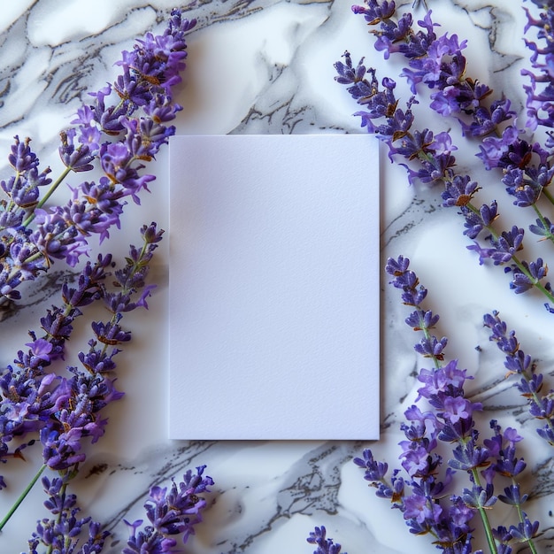 Blank white card surrounded by vibrant purple lavender flowers on a marble background creating an