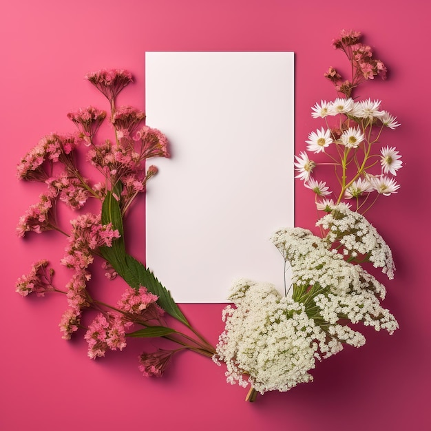 Blank white card with flowers around it on a Hot Pink color background