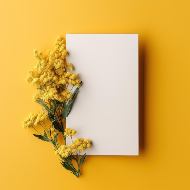 Blank white card with flowers around it on a Pale Goldenrod color background