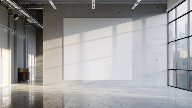 Blank white concrete wall in an office with large windows mockup 3D rendering