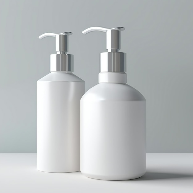 Blank White Cosmetic Bottles with Silver Pumps on Podium