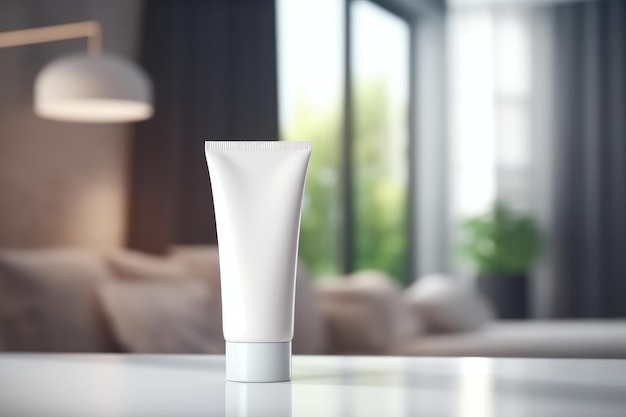 Blank white cosmetic tube mockup with living room background generative AI