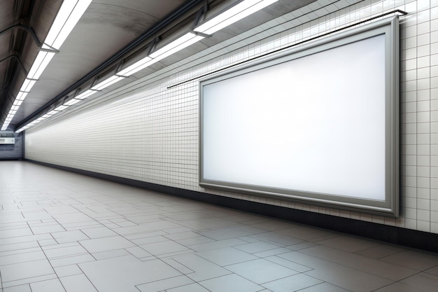 Blank white digital billboard light box in empty subway train station AI generated