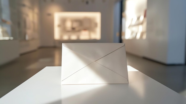 Photo a blank white envelope on a white table in a white room