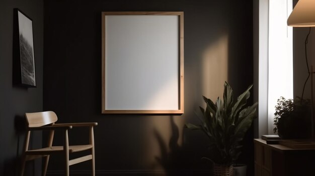 A blank white frame on a dark wall with a plant on it.