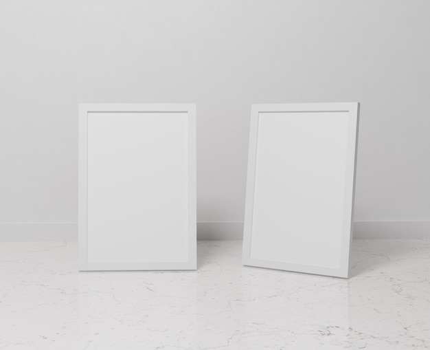 A blank white frame on the marble floor, a3, a4, 3d rendering, 3d illustration