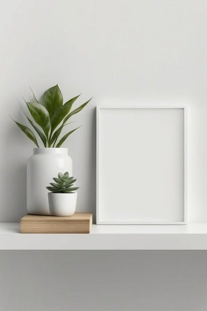 A blank white frame for mockup with plants on the shelf