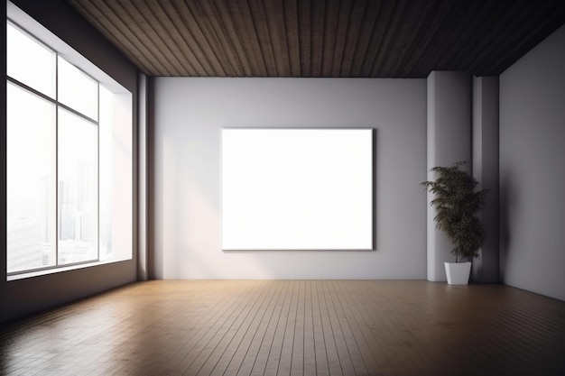 Blank white frame on a wall in a room with a plant on the floor