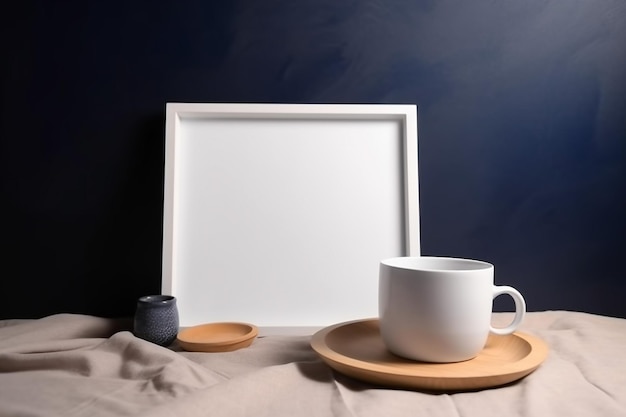 A blank white frame with a cup and saucer on a table