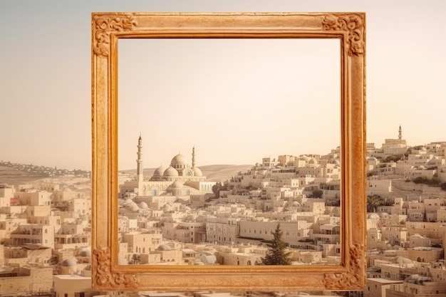 blank white frame with old city in the background and copy space