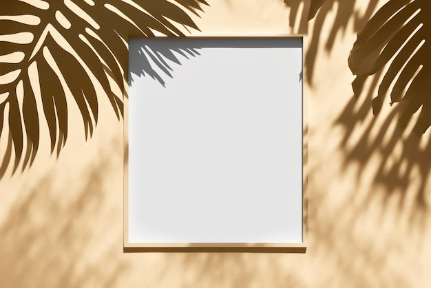 Blank white frame on a yellow wall with palm leaves