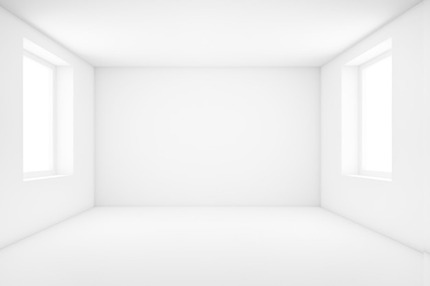 Blank white interior room background wall mockup empty white walls corner and white wood floor contemporary 3D rendering