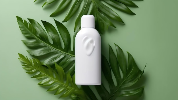 Blank white lotion product with summer leaf at color background for mockup Generative AI