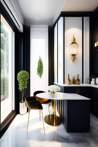 Blank white marble counter in modern luxury design cafe with counter table chair plant in sunlig