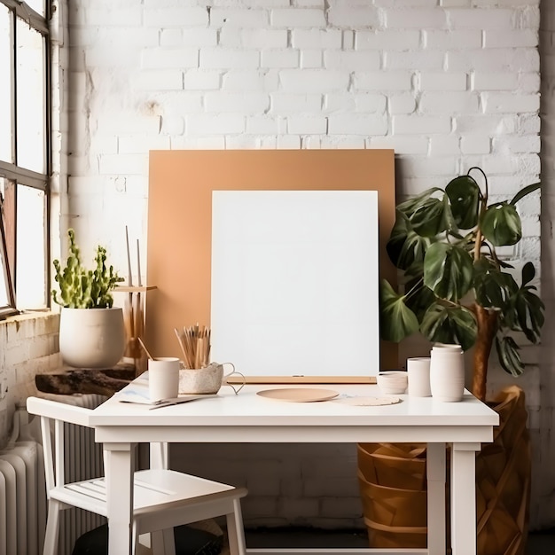 Blank White Mockup Frame in a Dynamic Art Studio Setting Unleashing Creative Potential