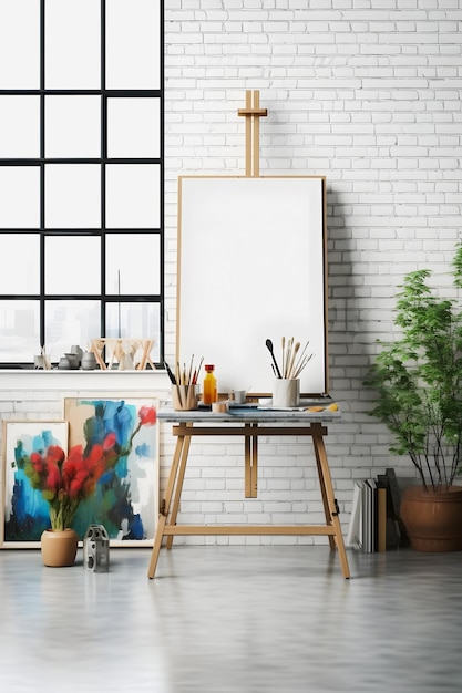 Blank White Mockup Frame in a Dynamic Art Studio Setting Unleashing Creative Potential