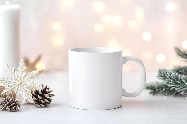 Photo blank white mug on a white desk with christmas elements mockup with copy space