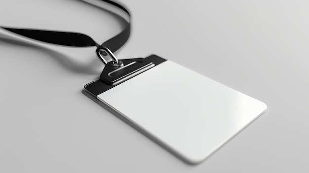 Blank white name badge with black lanyard on grey background