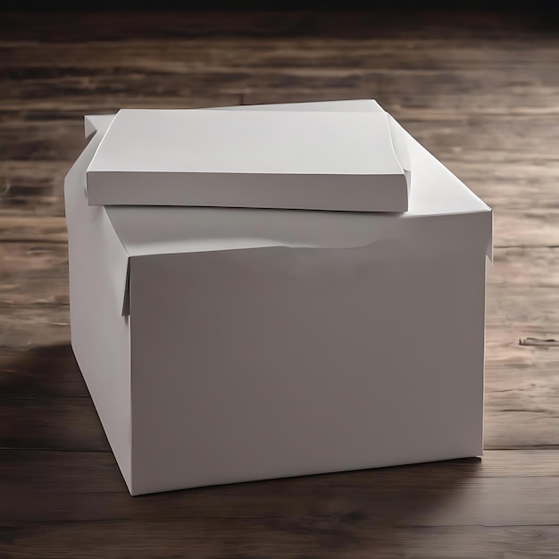 Blank white paper box on dark wood background