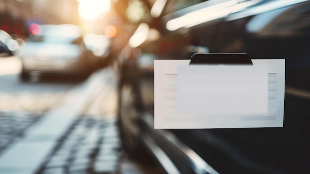 Photo blank white paper on a car door with blurred background of traffic