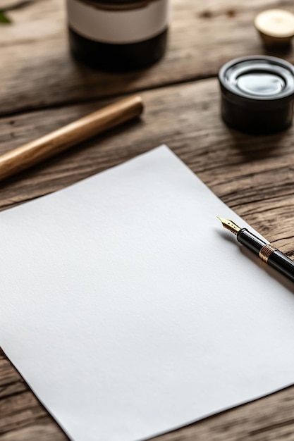 Photo blank white paper mockup with pen and ink on a table generated by ai