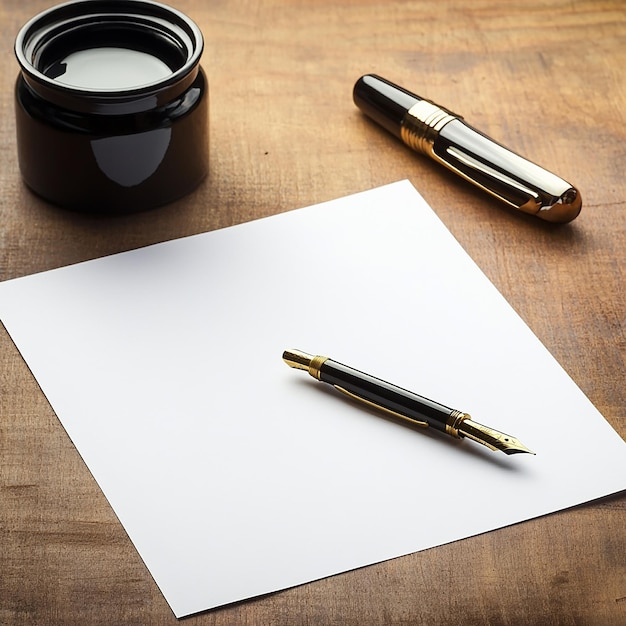 Photo blank white paper mockup with pen and ink on a table generated by ai