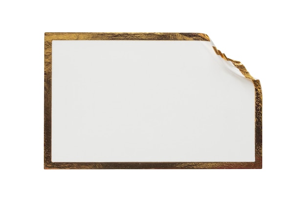 Blank white paper sticker label with golden frame isolated on white background