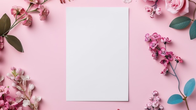 Photo a blank white paper surrounded by an assortment of flowers on a pastel pink background